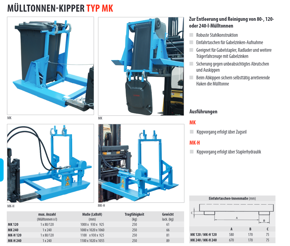 Mülltonnen-Kipper typ mk -Überischt